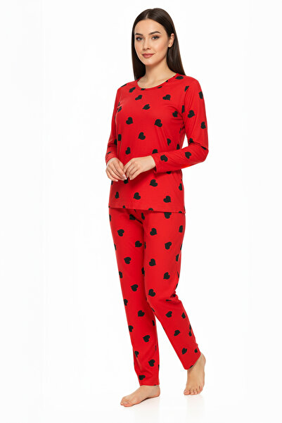 Bravie guler rotund Set pijama din piele intoarsa rosie 6010 cu inima neagra