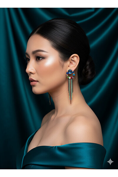 MD Moda Accessories Renkli Kristal Taşlı Halkalı Zincir Püsküllü Kristal Küpe