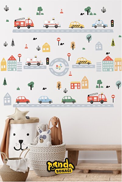 PANDA SOKAĞI Pastel Color Vehicles Cars Road and Houses Children's Room Wall ...