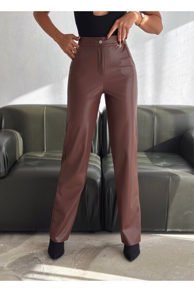 aselon بنطلون نسائي من الجلد الصناعي بتصميم بالازو واسع الساق مع بطانة صوفية ...