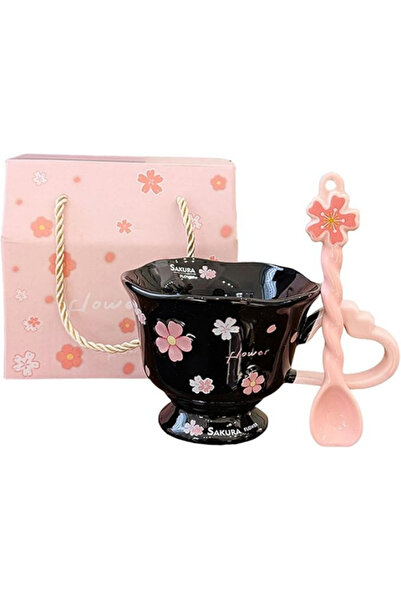 Dörtel Tedarik Sakura Flower Design Ceramic Mug with Spoon in Special Box 1972
