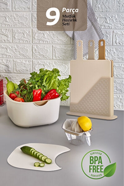 MOİ 9-Piece Kitchen Prep Set - Cutting Board with Stand and Handle, Mixing Bowl, Bowl, Strainer, Lemon Squeezer