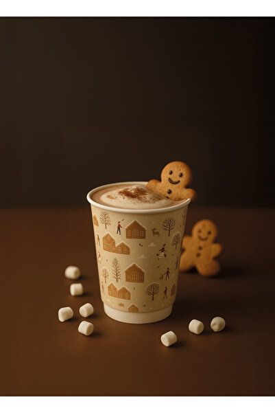 dandeliondesign Kış Temalı Kurabiye Desenli Karton Bardak 14 oz Sıcak İçecek , Çift Katlı, Dayanıklı Bardak 5 Adet