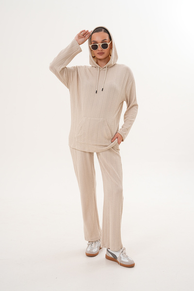 Miss Dünya Lissa Sofia Comfortable Form Knitwear Textured Hooded Maternity and Postpartum Tracksuit Set