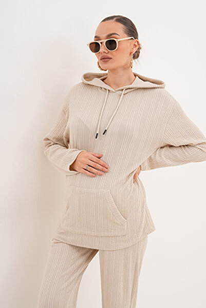 Miss Dünya Lissa Sofia Comfortable Form Knitwear Textured Hooded Maternity and Postpartum Tracksuit Set