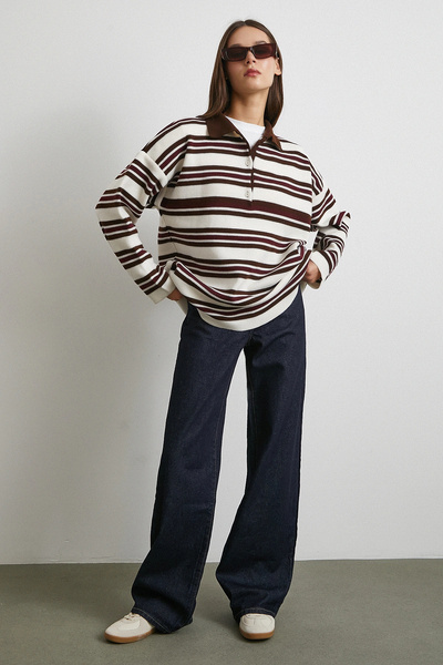 Never more Polo Neck Three Button Striped Sweater Brown