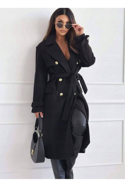 MAXORA SHOP Elegant long coat with gold cufflinks and drawstring at the waist