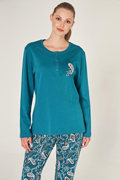 PİJAPİA Kadın Mavi %100 Pamuk Uzun Kollu Pijama Takımı Rahat Kalıp