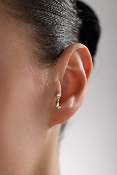 Giza Jewelry 14 Ayar Altın Taşlı Sallantılı Kelebek Tragus Küpe