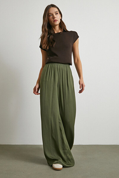 Never more Elastic Waist Flowy Wide Leg Pants Khaki