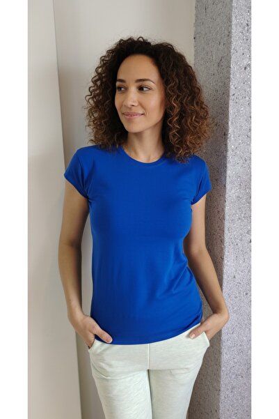 moda felinya Women's Short Sleeve Circular Neck Sax Blue Body