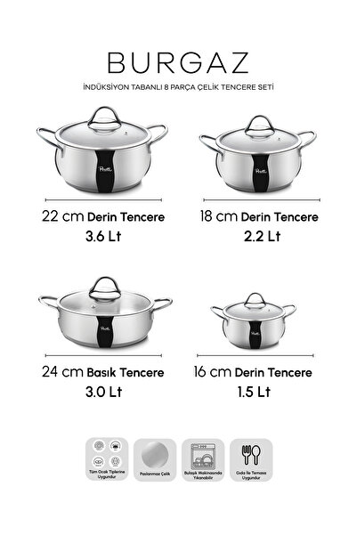 Perotti Burgaz Induction Base 8 Piece Steel Cookware Set