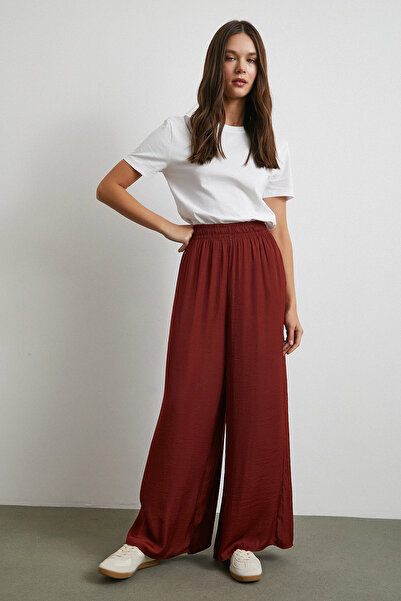 Never more Elastic Waist Flowy Wide Leg Pants Brown