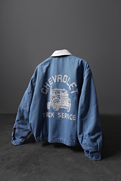 Slatra Men's Blue Truck Embroidery Detail Bomber Jacket