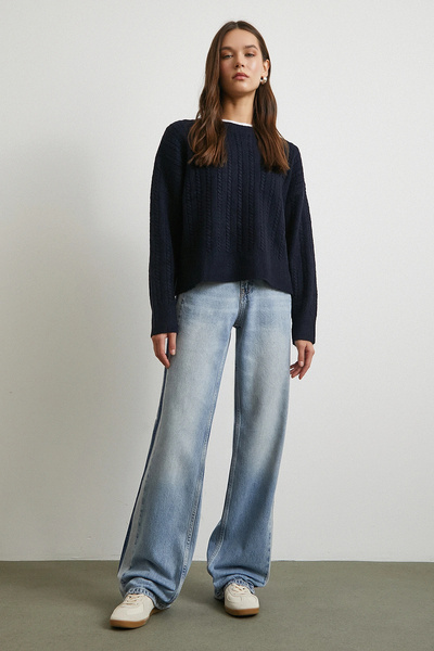 Never more High Waist Striped Detail Pipe Leg Jeans Blue