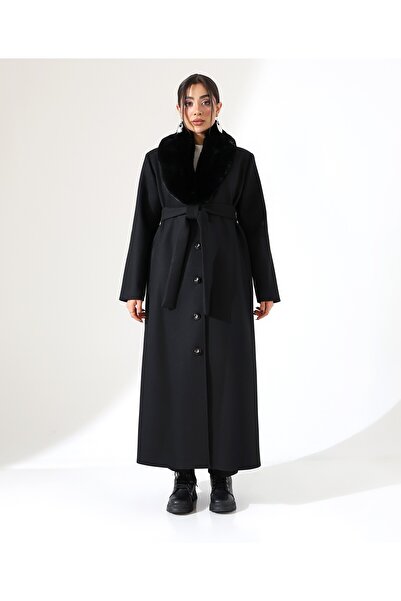 Fi'l Arz Fashion Shawl Collar Fur Long Cashmere Coat