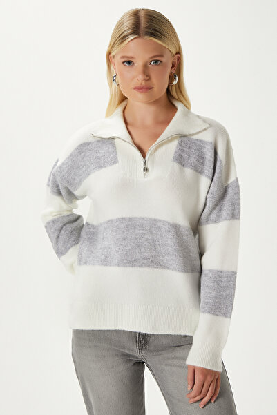 Ritnice Women's High Soft Texture Polo Neck Zippered Stone Gray Striped Knitwear Sweater