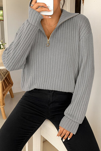 poswicon Grey Mock Neck Zipper Long Sleeve Corded Fabric Fabric Top