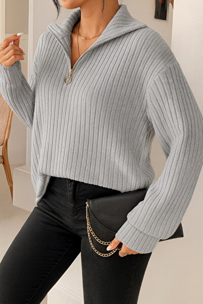 poswicon Grey Mock Neck Zipper Long Sleeve Corded Fabric Fabric Top