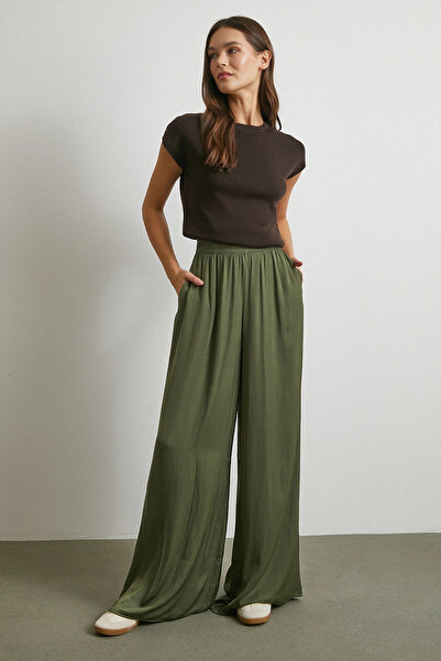 Never more Elastic Waist Flowy Wide Leg Pants Khaki