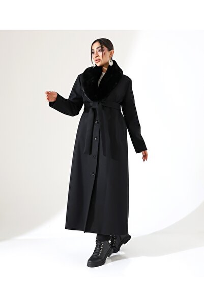 Fi'l Arz Fashion Shawl Collar Fur Long Cashmere Coat