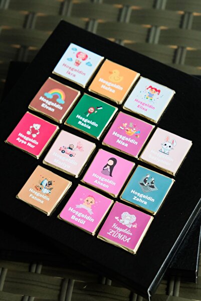 afyoresel 50 Adet İsme Özel Etiketli Sütlü Madlen Bebek Çikolatası İsimli Hoşgeldin Bebek Çikolatası