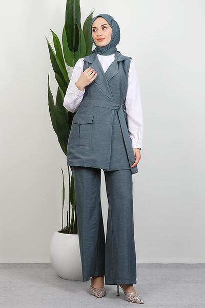 GİYZAMİLA Single Pocket Double-Breasted Collar Suit Gray Blue