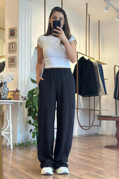 Unique Boutique Siyah Kargo Cepli Modal Kumaş Eşofman Altı