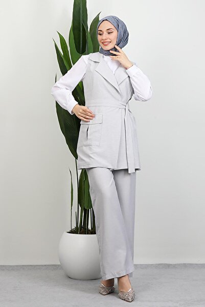 GİYZAMİLA Single Pocket Double-Breasted Collar Suit Light Gray