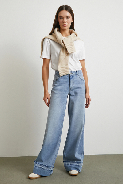 Never more Paçası Katlamalı Geniş Paça Jean Buz Mavisi