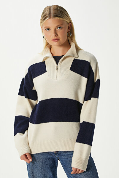 Ritnice Women's High Soft Texture Polo Neck Zippered Stone Navy Blue Striped Knitwear Sweater Tz00424