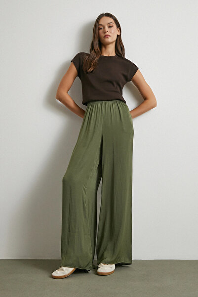 Never more Elastic Waist Flowy Wide Leg Pants Khaki