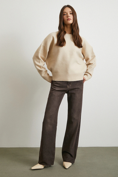 Never more Yüksek Bel Beş Cepli Kesik Paça Jean Kahve