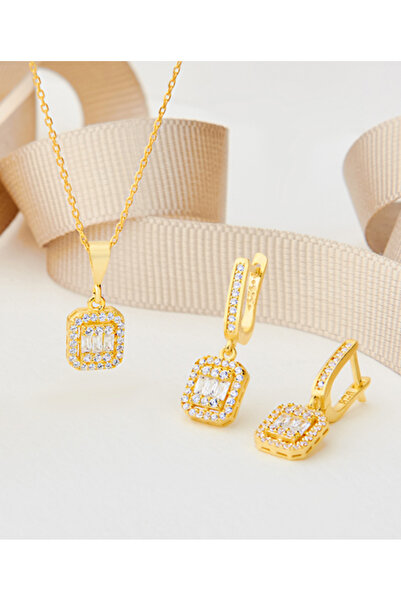 Siset Gümüş 925 Ayar Sarı Altın Kaplama Baget Taşlı Küpe Kolye Küpe Gümüş Takı Seti