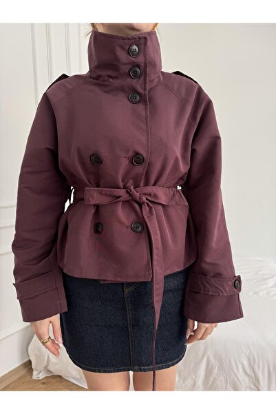 ALVOR DİK YAKA KUŞAKLI KISA TRENÇKOT