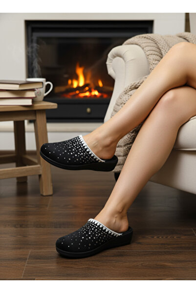 Ayakkabı Vakti شبشب نسائي منزلي فاخر بكعب منخفض مصنوع من القماش والحجر