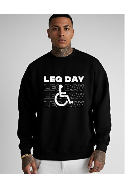 LORVEX Swea neagră cu gât rotund tricou Unisex Oversize LEG DAY Imprimat