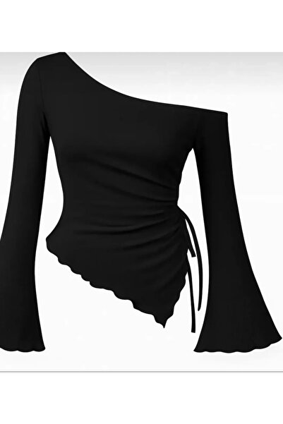 eflora Black One-Shoulder Blouse with Asymmetrical Cut and Flounce Sleeve Detail