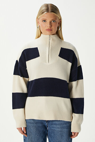 Ritnice Women's High Soft Texture Polo Neck Zippered Stone Navy Blue Striped Knitwear Sweater Tz00424