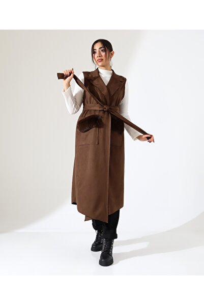 Fi'l Arz Fashion Women's Fur Detail Double Pocket Long Vest