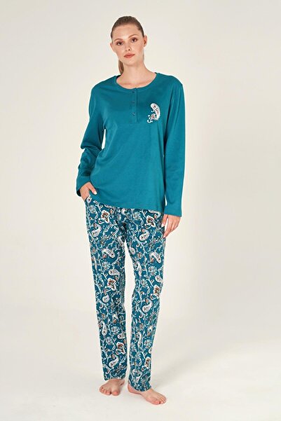 PİJAPİA Kadın Mavi %100 Pamuk Uzun Kollu Pijama Takımı Rahat Kalıp