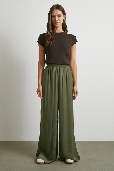 Never more Elastic Waist Flowy Wide Leg Pants Khaki