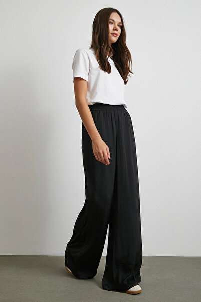 Never more Elastic Waist Draped Wide Leg Trousers Black