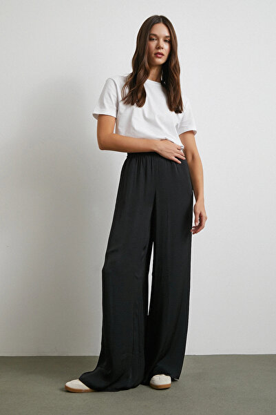 Never more Elastic Waist Draped Wide Leg Trousers Black