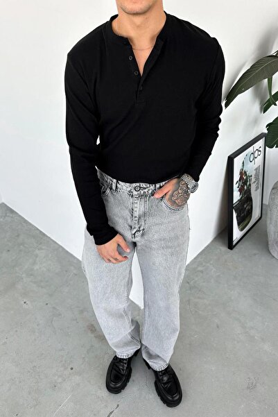 HAFKAGİYİM Μαύρο μακρυμάνικο μπλουζάκι με γιακά με κουμπιά