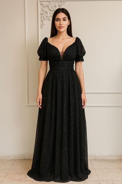 KADİR KORKMAZ GİYİM Siyah Simli Abiye Elbise