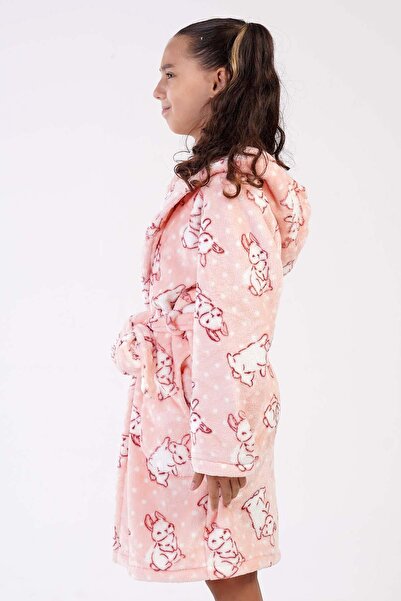VİENETTA Girl's Long Sleeve Hooded Welsoft Fabric Pocketed Belted Pink Dressing Gown C2T3N0403