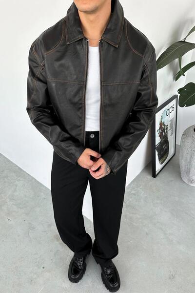 HAFKAGİYİM Vintage Design Distressed Detail Leather Jacket