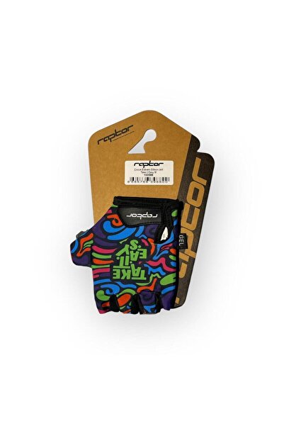 RAPTOR Kısa Parmak Çocuk Bisiklet Eldiveni Silikon Jelli Take it Easy Desenli...