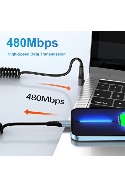 Generic Azony Coiled Retractable USB-C to USB-C 90° Right-Angle Cable, 60W Fast Charge